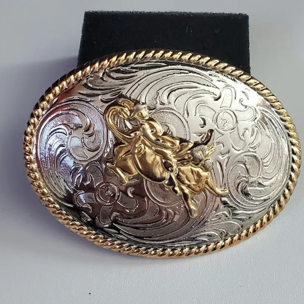Western Bull Rider Belt Buckle Silver Gold Tone Engraved Filigree Rope Edge Oval